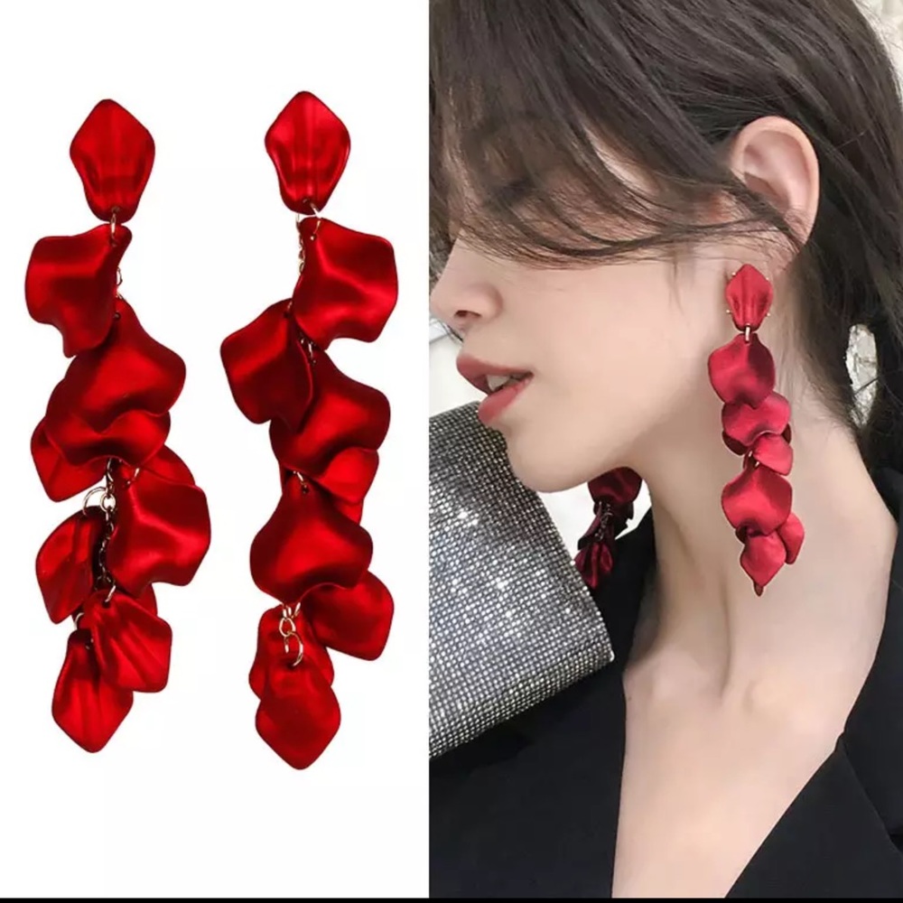 Rose petal long dangle earrings dark red satin